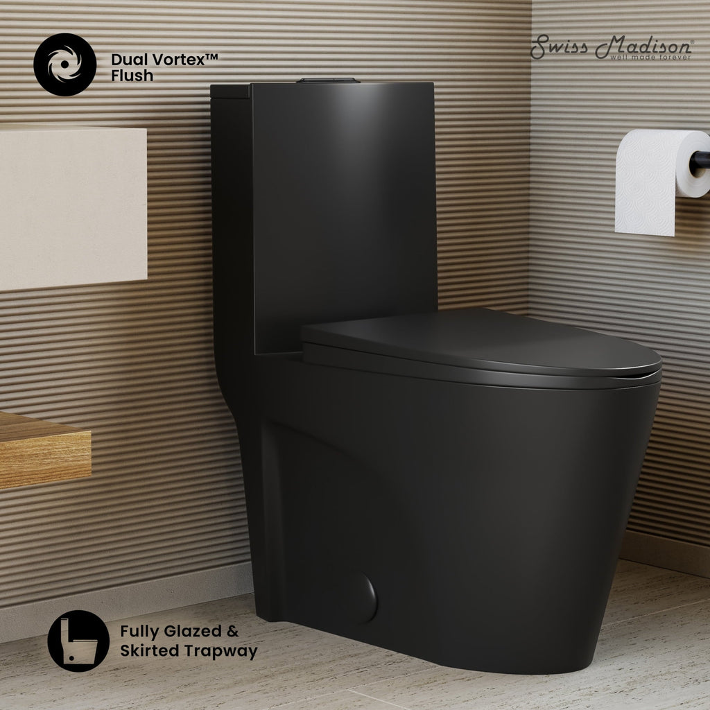 One Piece Elongated Toilet Dual Vortex™ Flush in Matte Black, Black Hardware 1.1/1.6 gpf