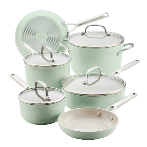 Hard-Anodized 10 Pcs Ceramic Induction Cookware Set, Dishwasher Safe and Oven Safe to 500°F, Pistachio