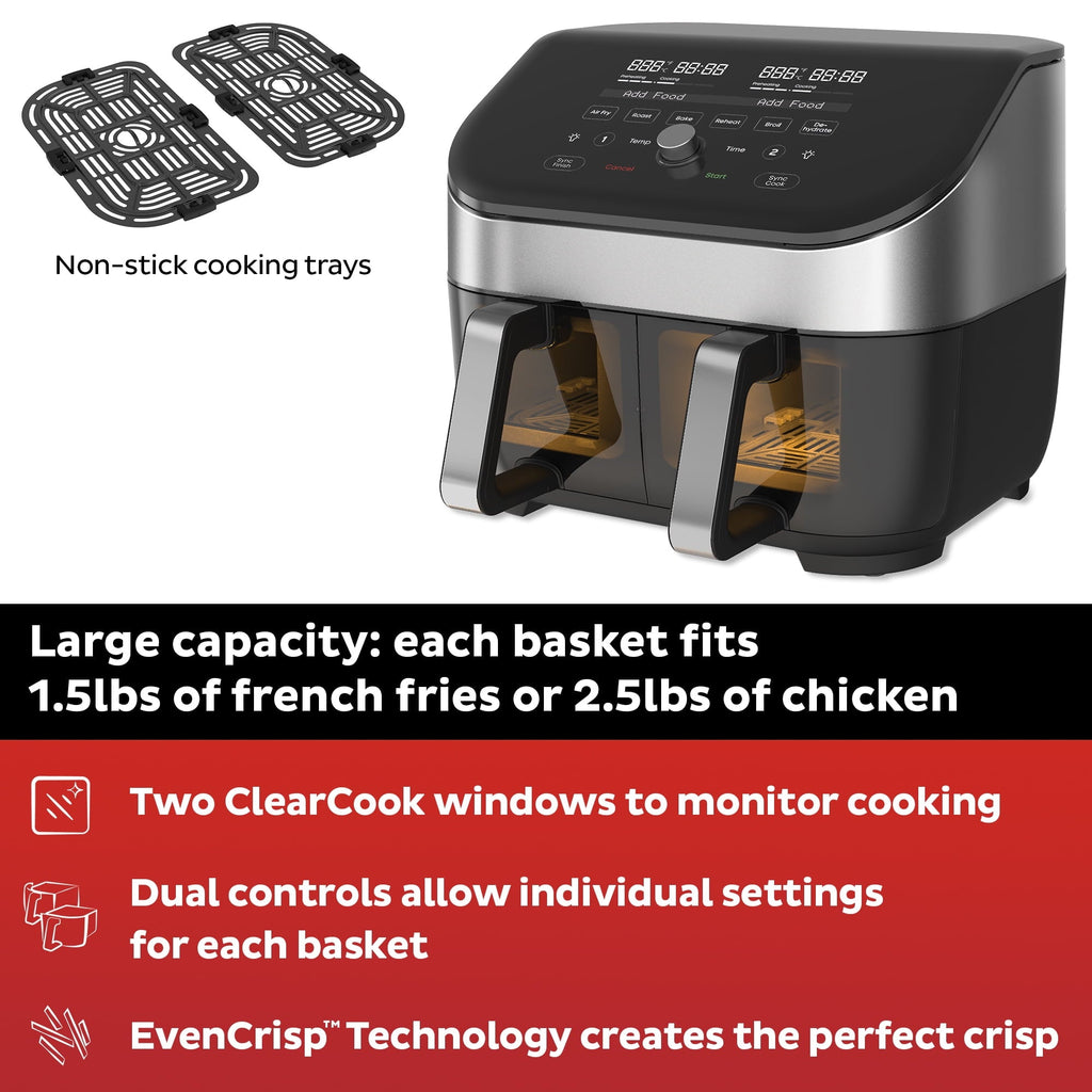 8Qt Vortex Plus XL Air Fryer with Dual Baskets and Clear Cooking Windows, 8-in-1, Air fry, roast, broil, bake, reheat, and dehydrate, Stainless Steel