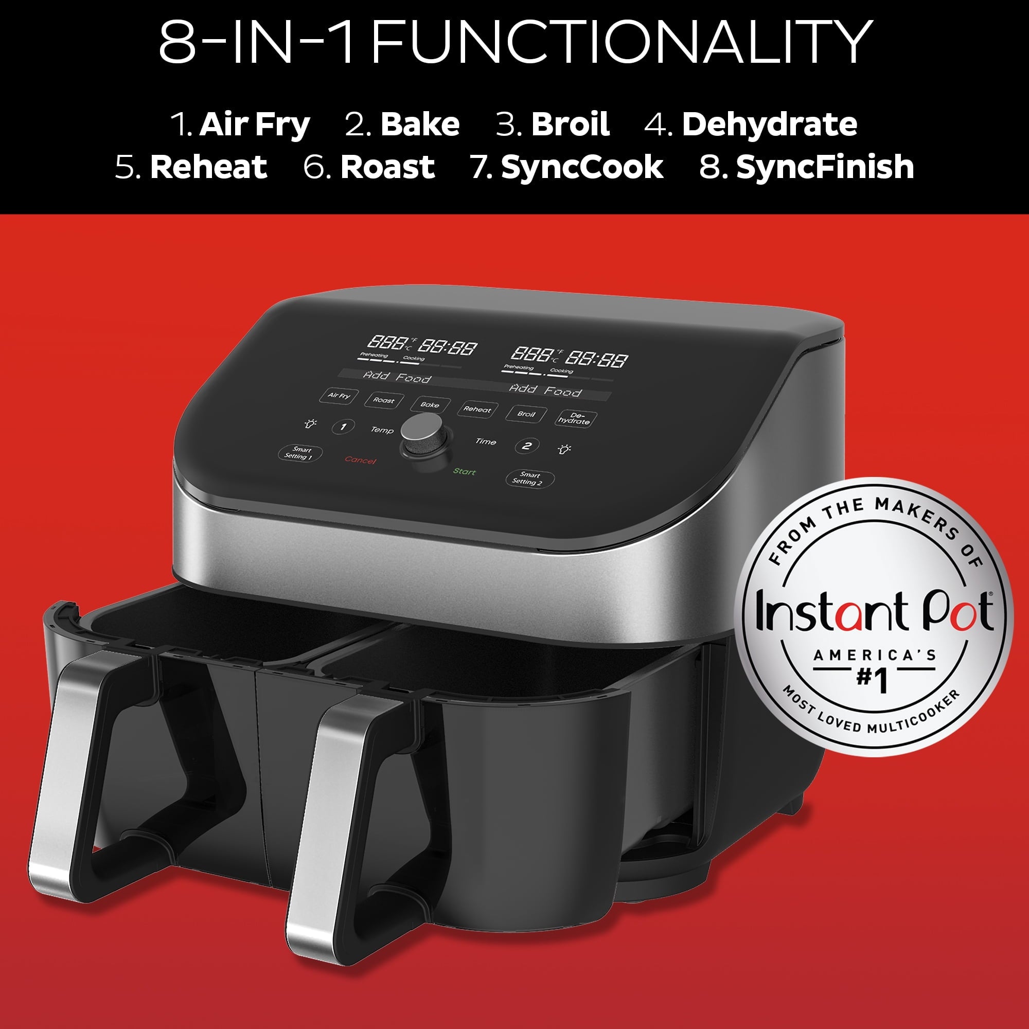 8Qt Vortex Plus XL Air Fryer with Dual Baskets and Clear Cooking Windows, 8-in-1, Air fry, roast, broil, bake, reheat, and dehydrate, Stainless Steel