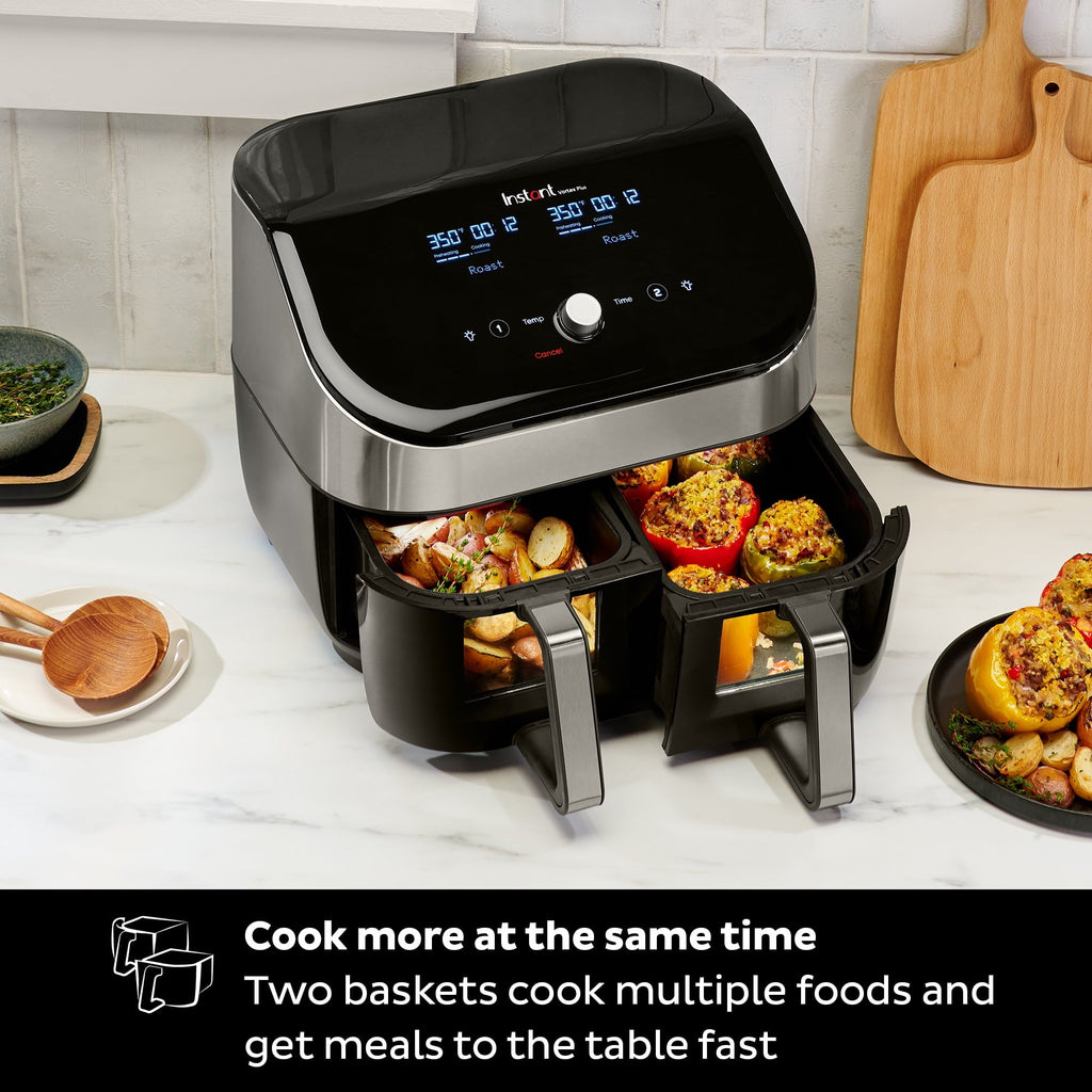 8Qt Vortex Plus XL Air Fryer with Dual Baskets and Clear Cooking Windows, 8-in-1, Air fry, roast, broil, bake, reheat, and dehydrate, Stainless Steel