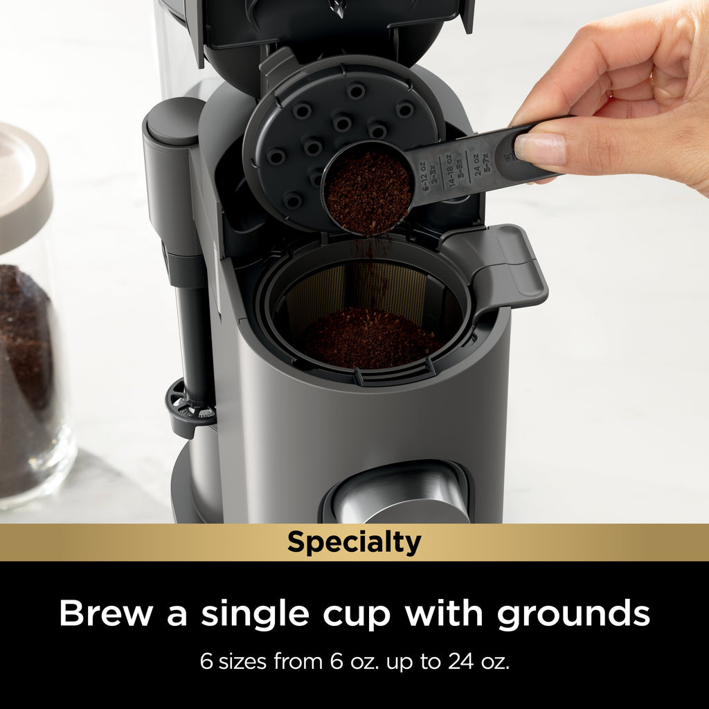 Single-Serve Pods &amp; Grounds Specialty Coffee Maker, K-Cup Pod Compatible, Built-In Milk Frother, 6-oz. Cup to 24-oz. Travel Mug Sizes, Iced Coffee Maker, Gray, PB050