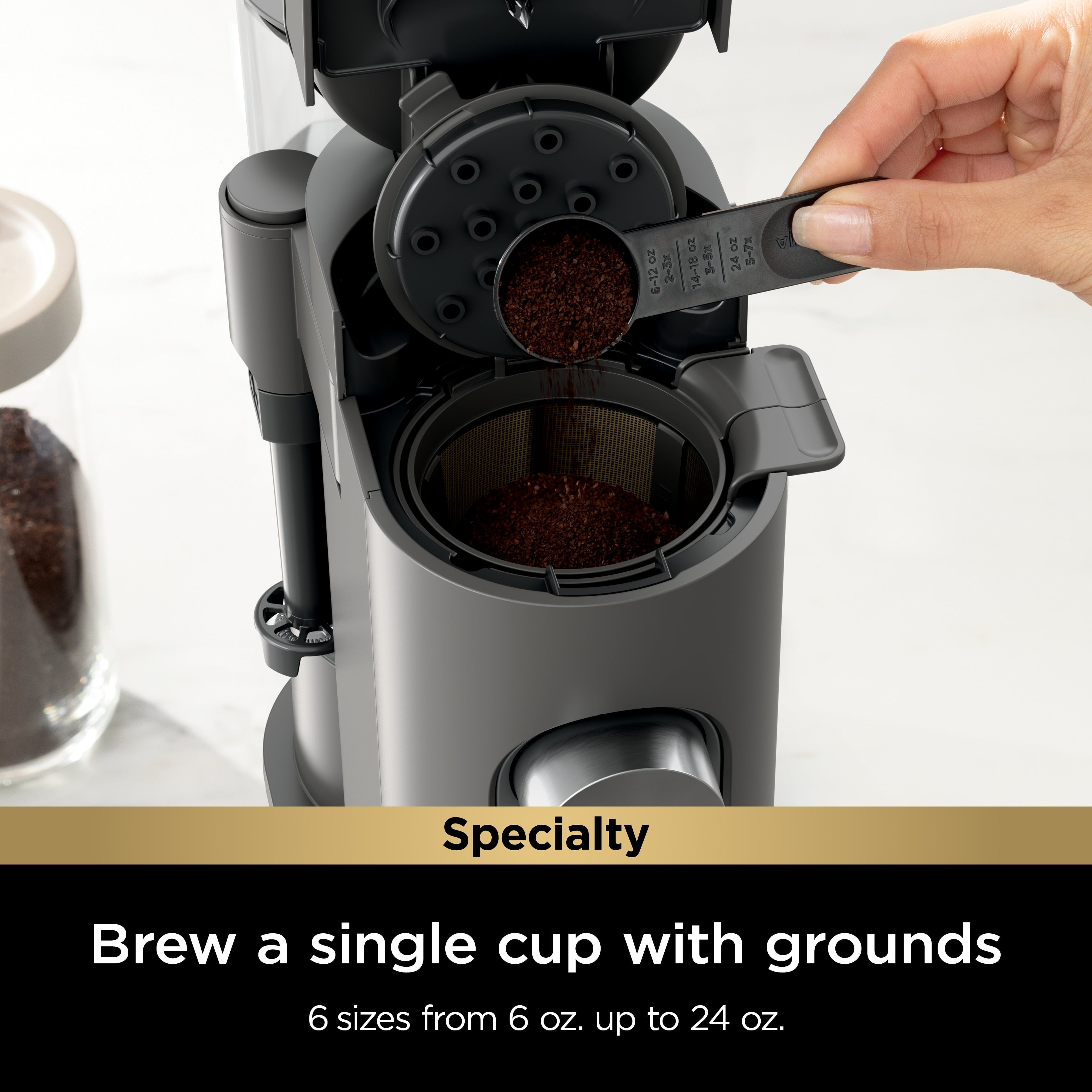 Single-Serve Pods &amp; Grounds Specialty Coffee Maker, K-Cup Pod Compatible, Built-In Milk Frother, 6-oz. Cup to 24-oz. Travel Mug Sizes, Iced Coffee Maker, Gray, PB050
