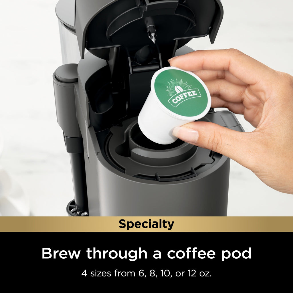 Single-Serve Pods &amp; Grounds Specialty Coffee Maker, K-Cup Pod Compatible, Built-In Milk Frother, 6-oz. Cup to 24-oz. Travel Mug Sizes, Iced Coffee Maker, Gray, PB050
