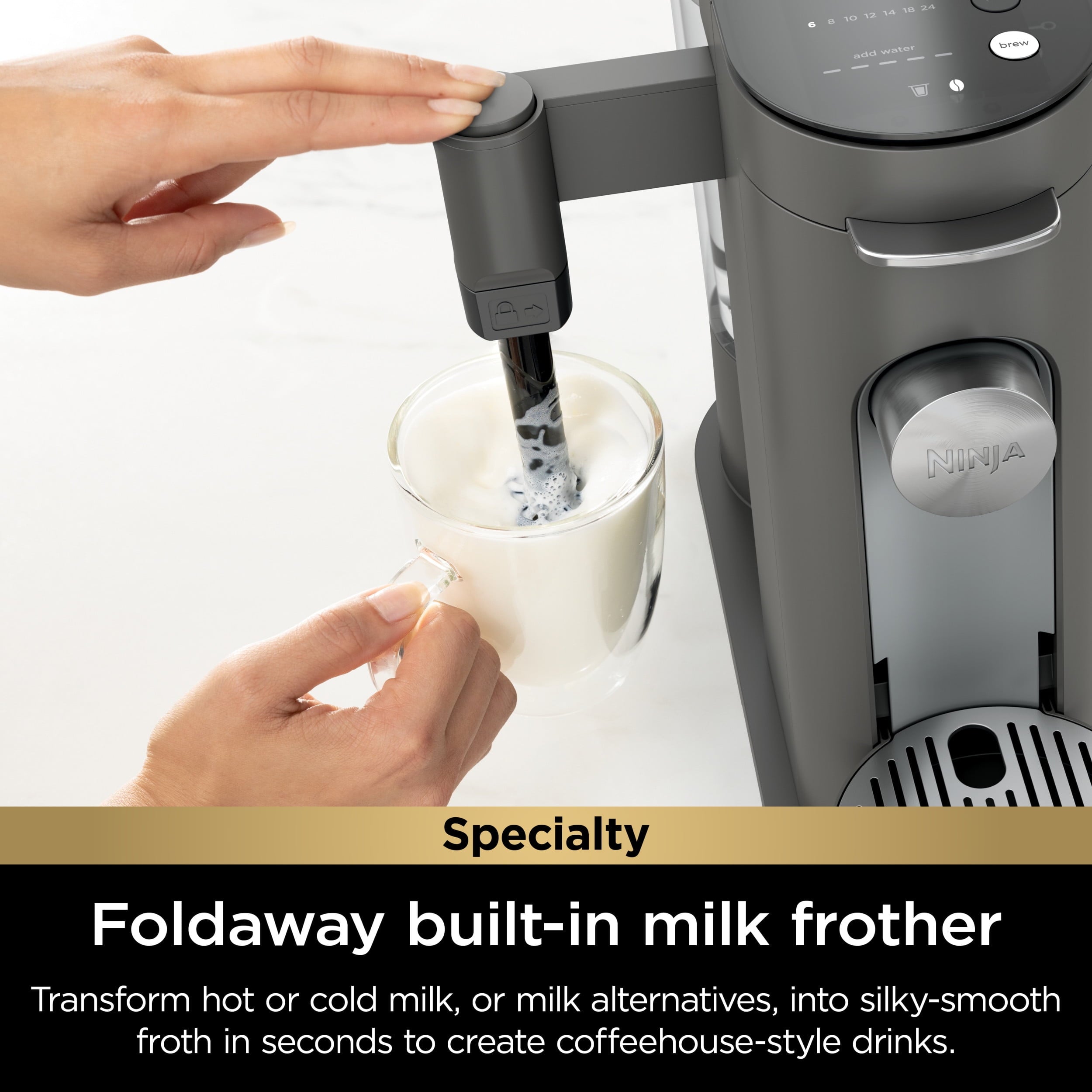 Single-Serve Pods &amp; Grounds Specialty Coffee Maker, K-Cup Pod Compatible, Built-In Milk Frother, 6-oz. Cup to 24-oz. Travel Mug Sizes, Iced Coffee Maker, Gray, PB050
