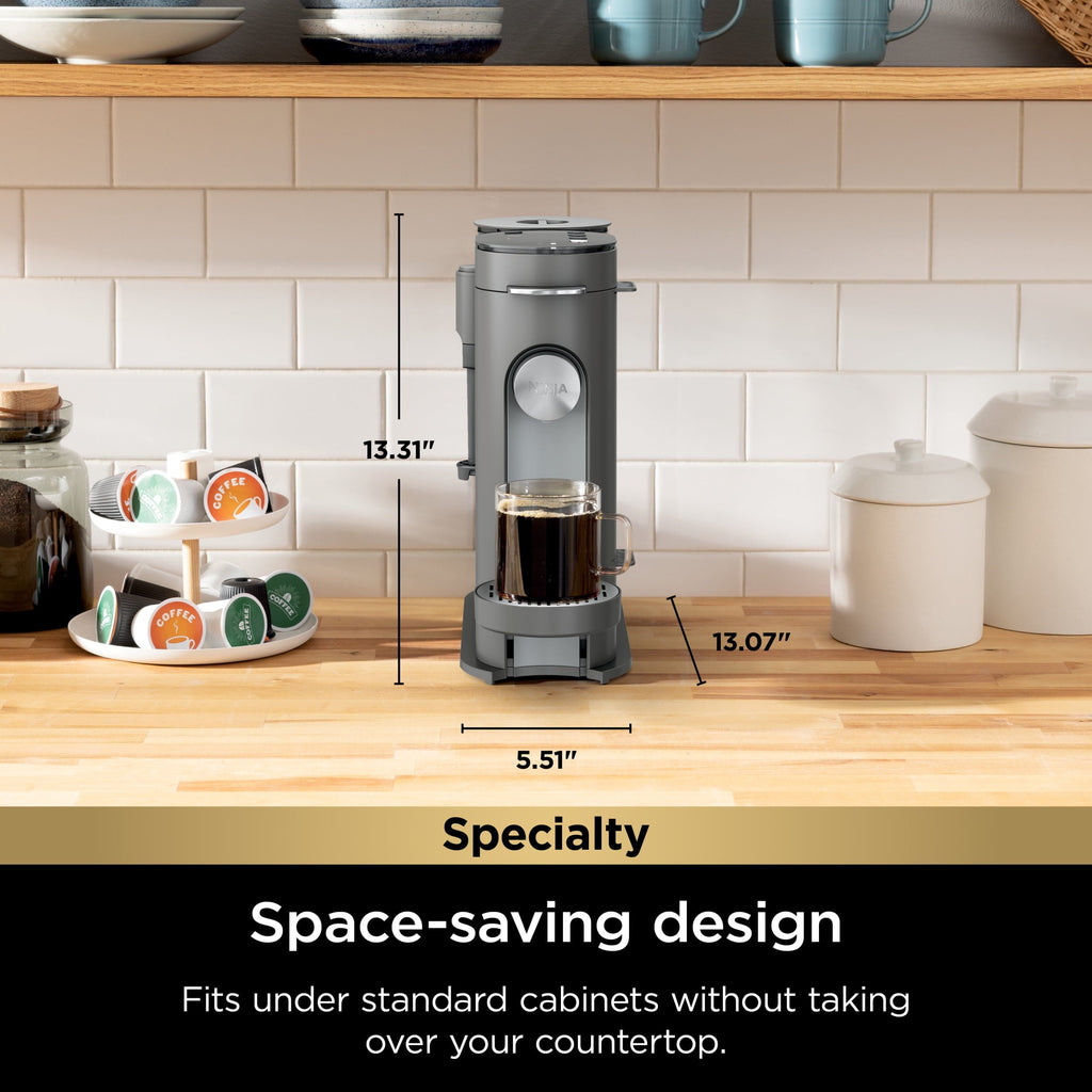 Single-Serve Pods &amp; Grounds Specialty Coffee Maker, K-Cup Pod Compatible, Built-In Milk Frother, 6-oz. Cup to 24-oz. Travel Mug Sizes, Iced Coffee Maker, Gray, PB050