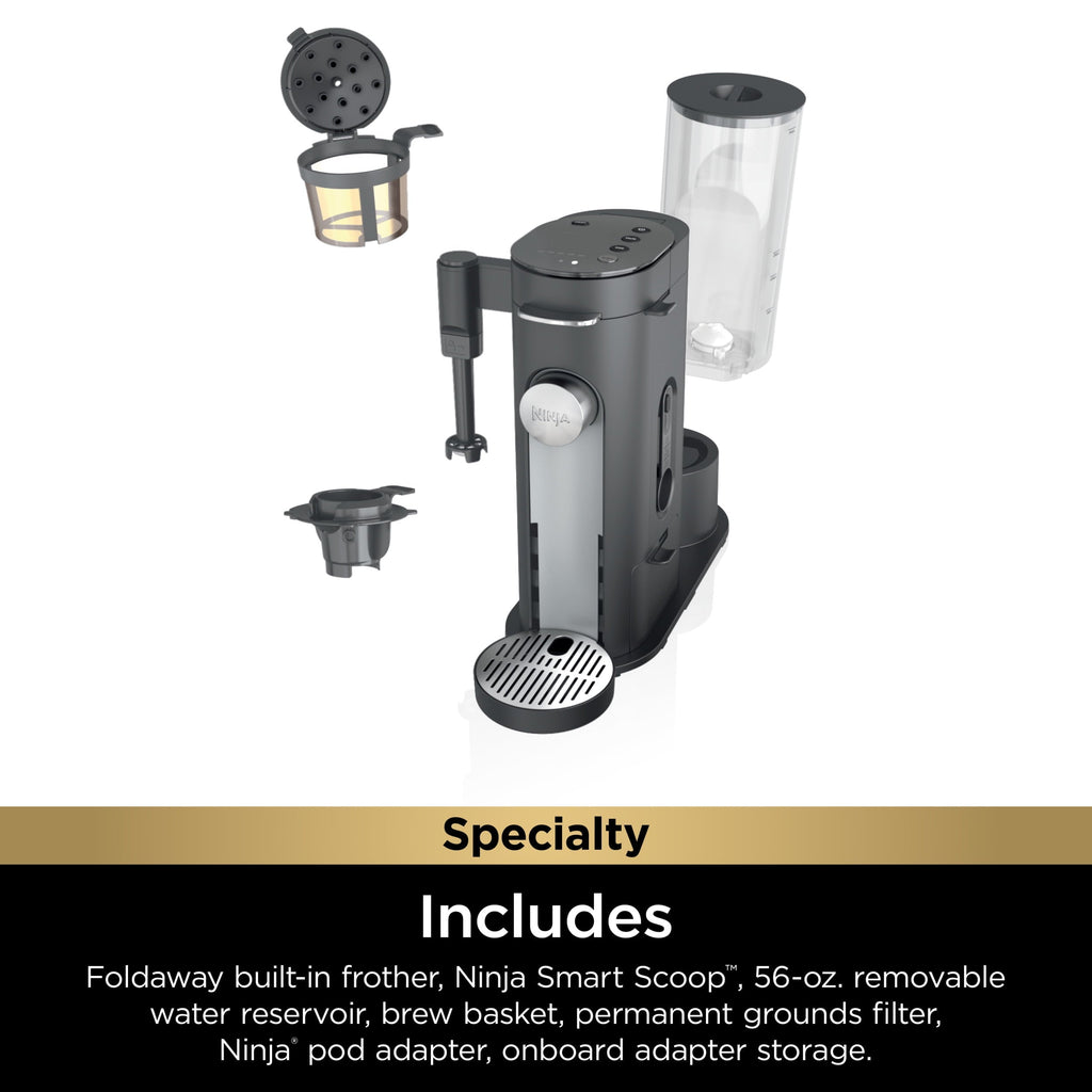 Single-Serve Pods &amp; Grounds Specialty Coffee Maker, K-Cup Pod Compatible, Built-In Milk Frother, 6-oz. Cup to 24-oz. Travel Mug Sizes, Iced Coffee Maker, Gray, PB050