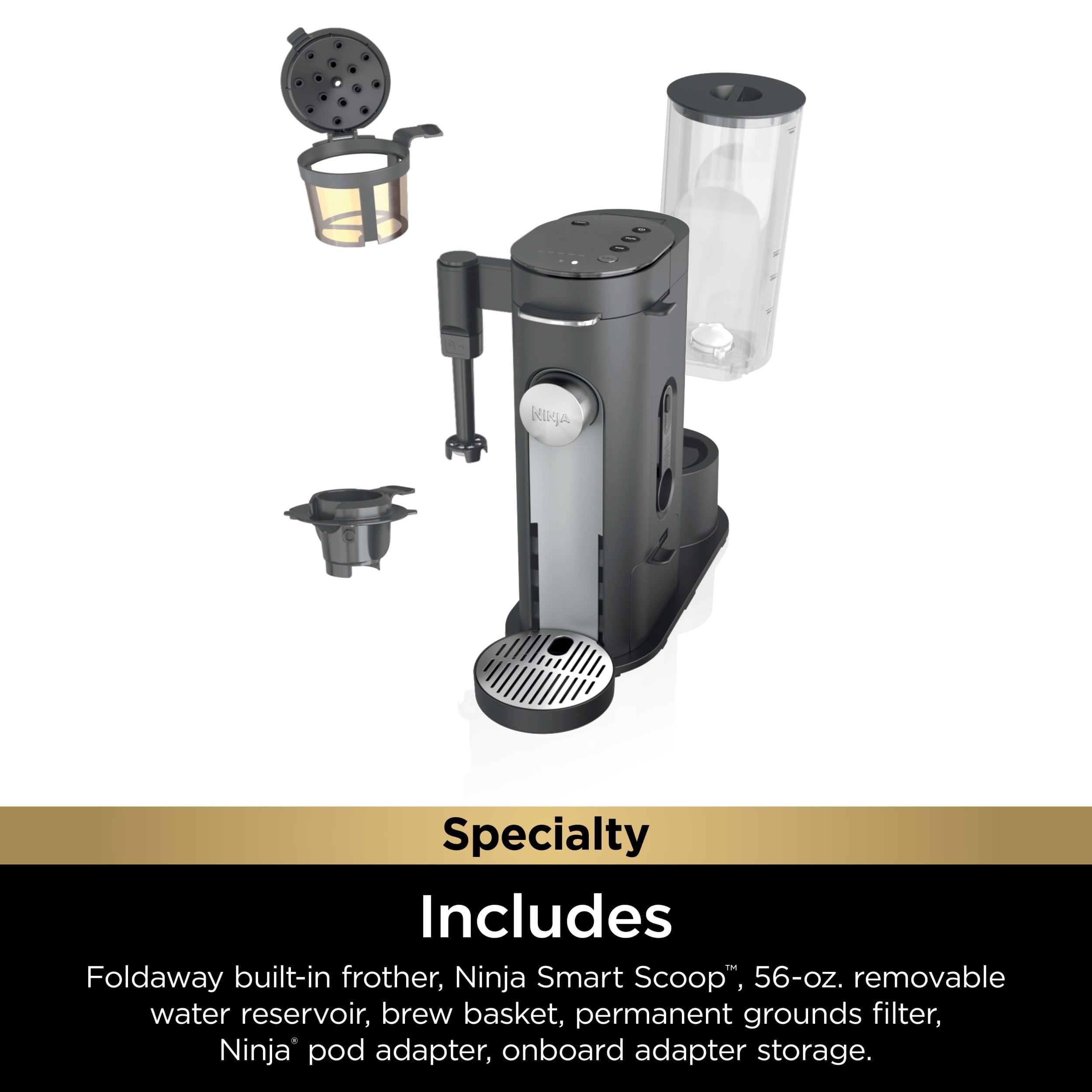 Single-Serve Pods &amp; Grounds Specialty Coffee Maker, K-Cup Pod Compatible, Built-In Milk Frother, 6-oz. Cup to 24-oz. Travel Mug Sizes, Iced Coffee Maker, Gray, PB050