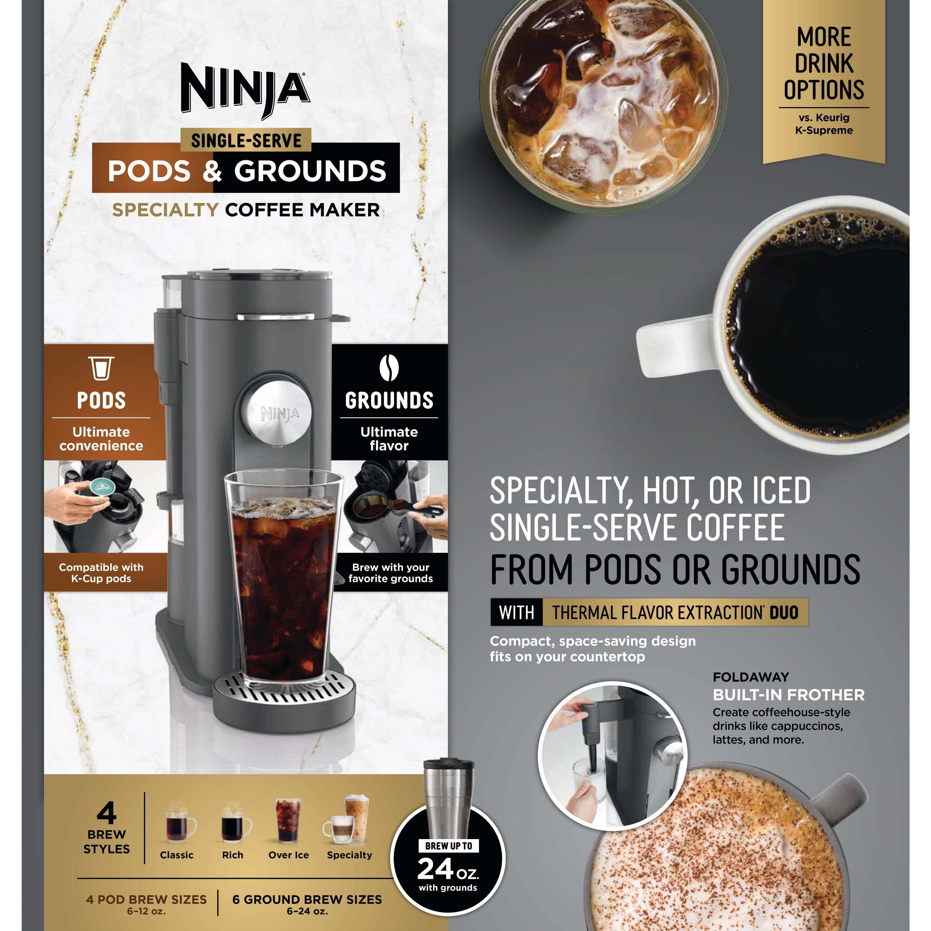 Single-Serve Pods &amp; Grounds Specialty Coffee Maker, K-Cup Pod Compatible, Built-In Milk Frother, 6-oz. Cup to 24-oz. Travel Mug Sizes, Iced Coffee Maker, Gray, PB050