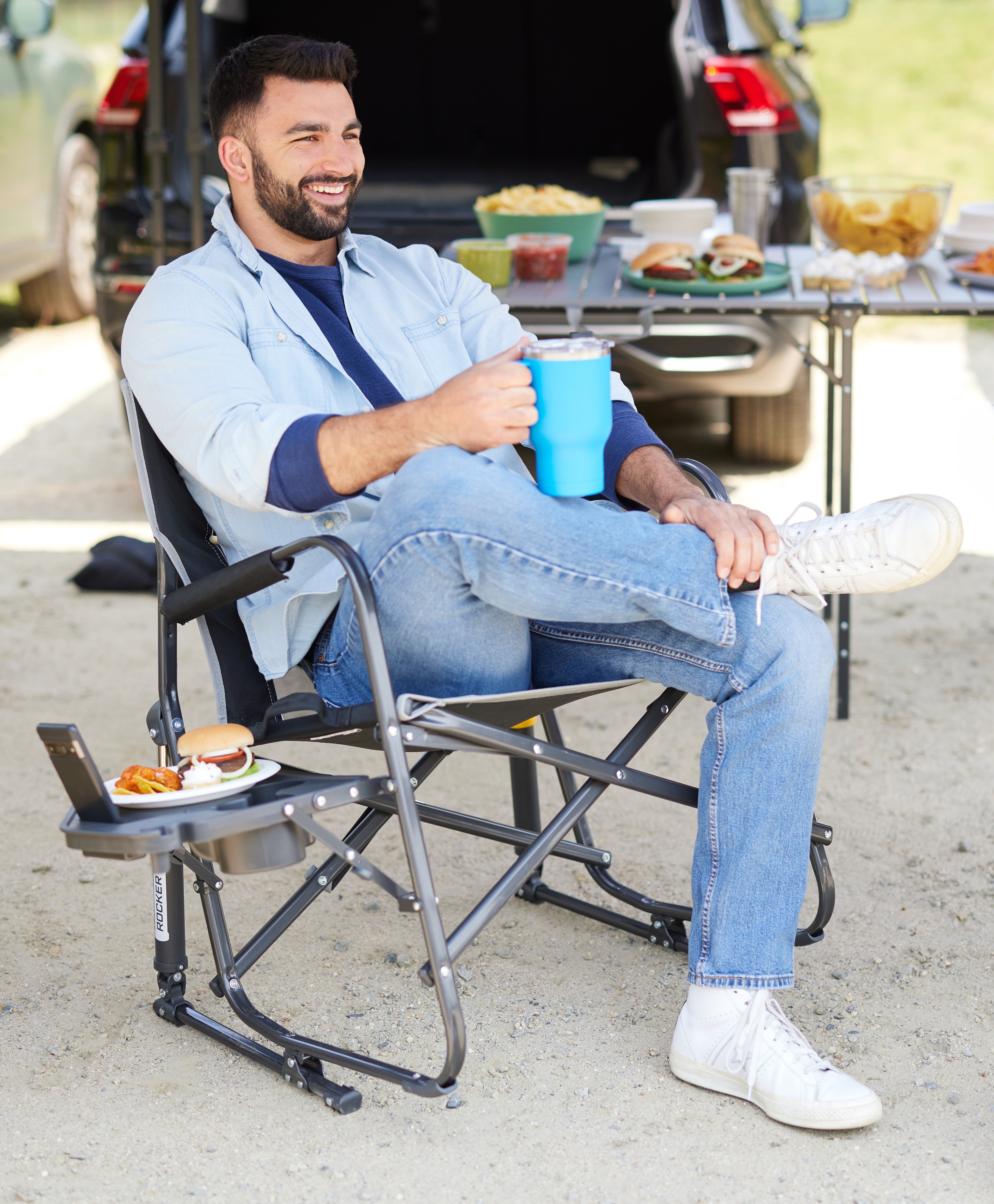 Freestyle Rocker XL with Side Table Oversized Rocking Camp Chair, Black