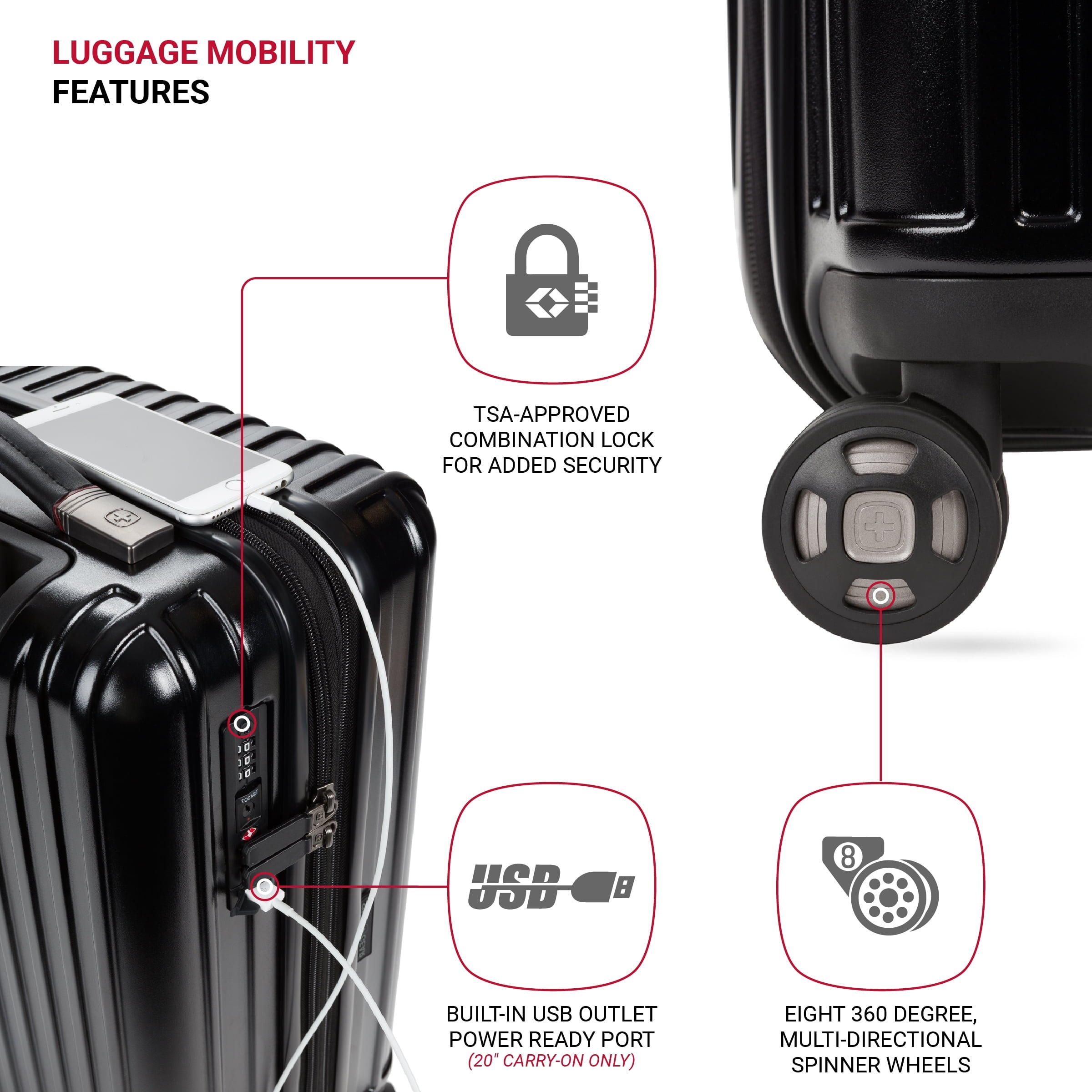 Ridge Hardside Expandable Carry-On Luggage with Spinner Wheels, TSA Lock and USB, Black