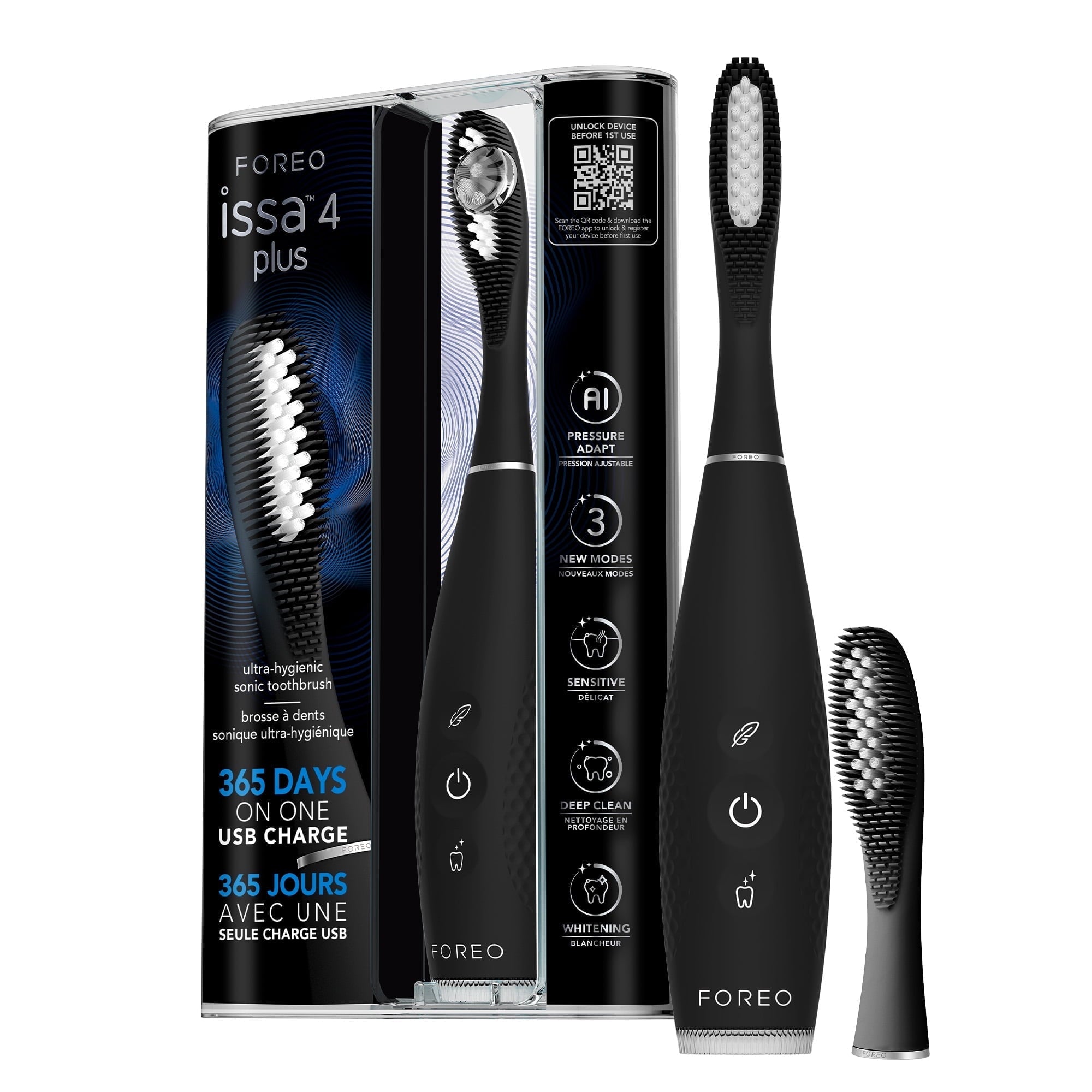 Issa 4 Plus Sonic Electric Toothbrush Rechargeable Bundle with Extra Hybrid Brush Head, Black