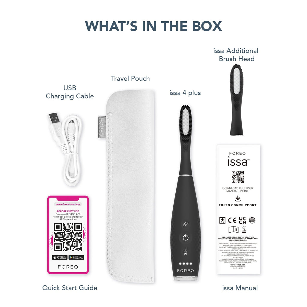 Issa 4 Plus Sonic Electric Toothbrush Rechargeable Bundle with Extra Hybrid Brush Head, Black