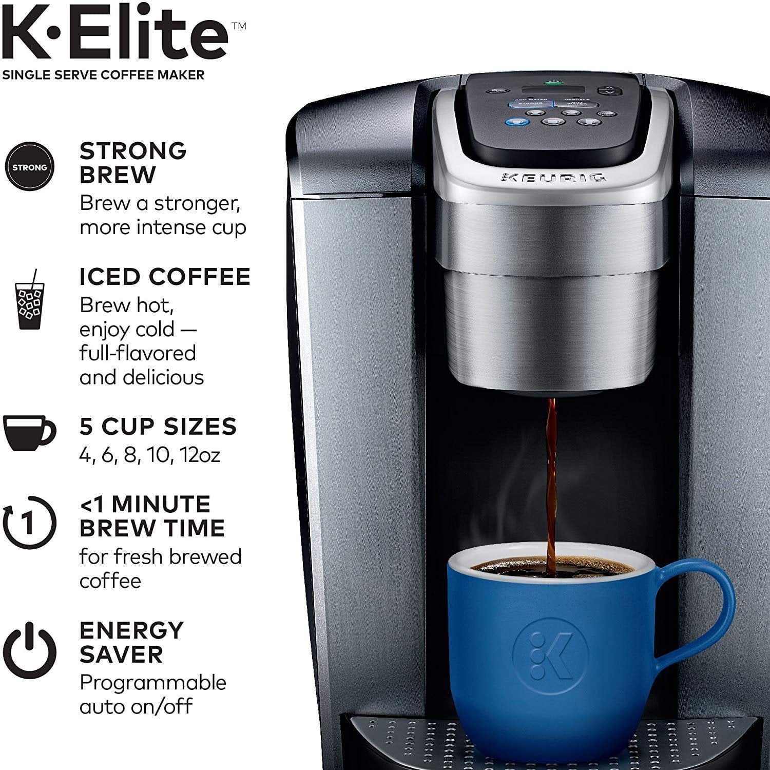 K-Elite Coffee Maker, Single Serve K-Cup Pod Coffee Brewer, With Iced Coffee Capability, Brushed Silver