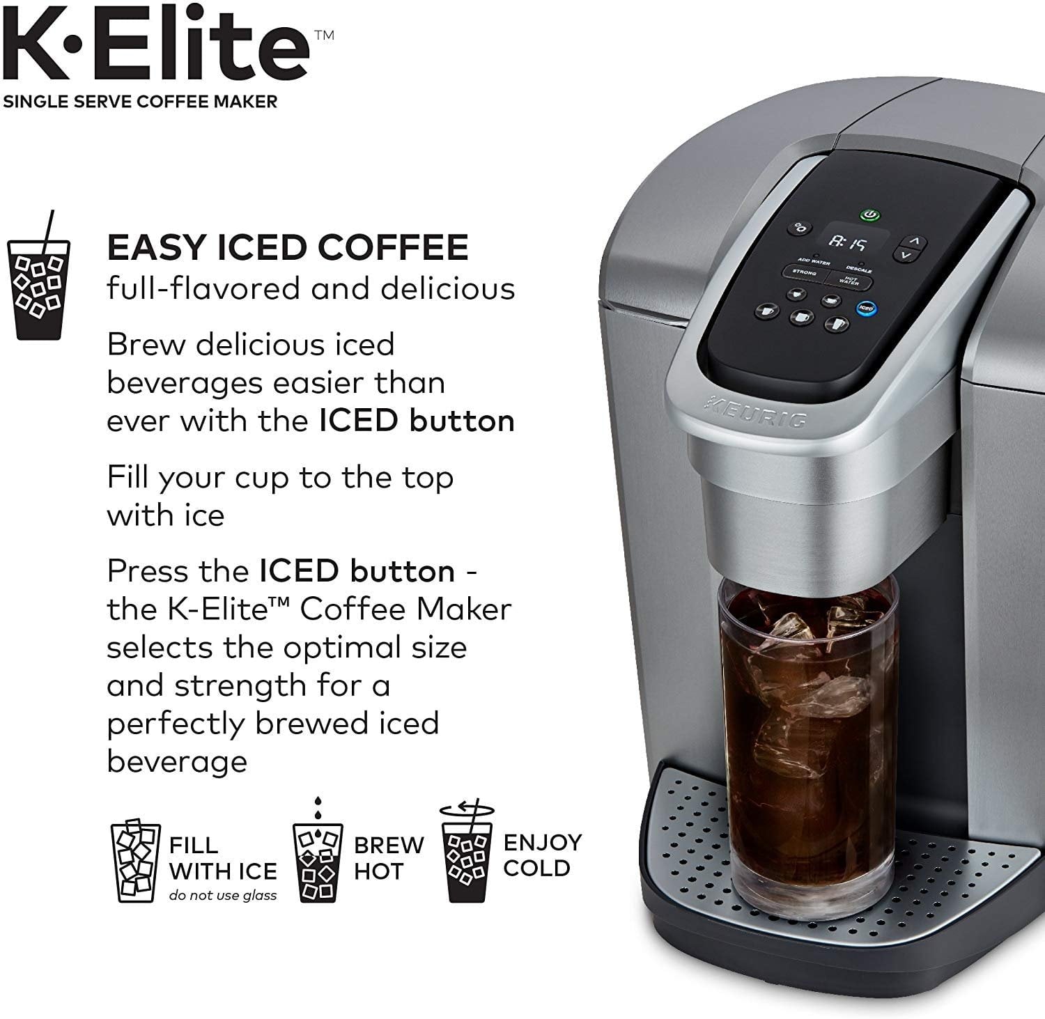 K-Elite Coffee Maker, Single Serve K-Cup Pod Coffee Brewer, With Iced Coffee Capability, Brushed Silver