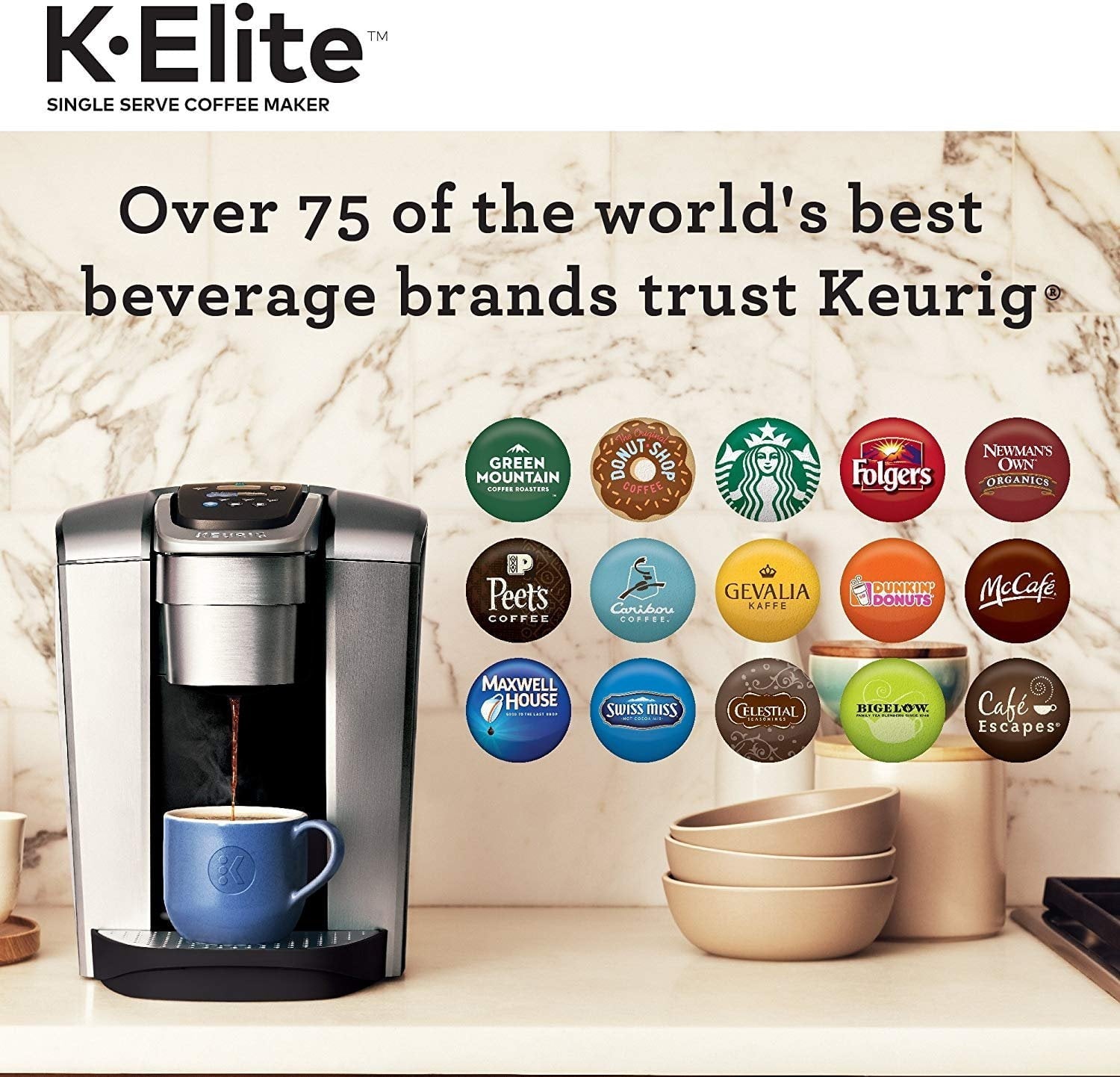 K-Elite Coffee Maker, Single Serve K-Cup Pod Coffee Brewer, With Iced Coffee Capability, Brushed Silver