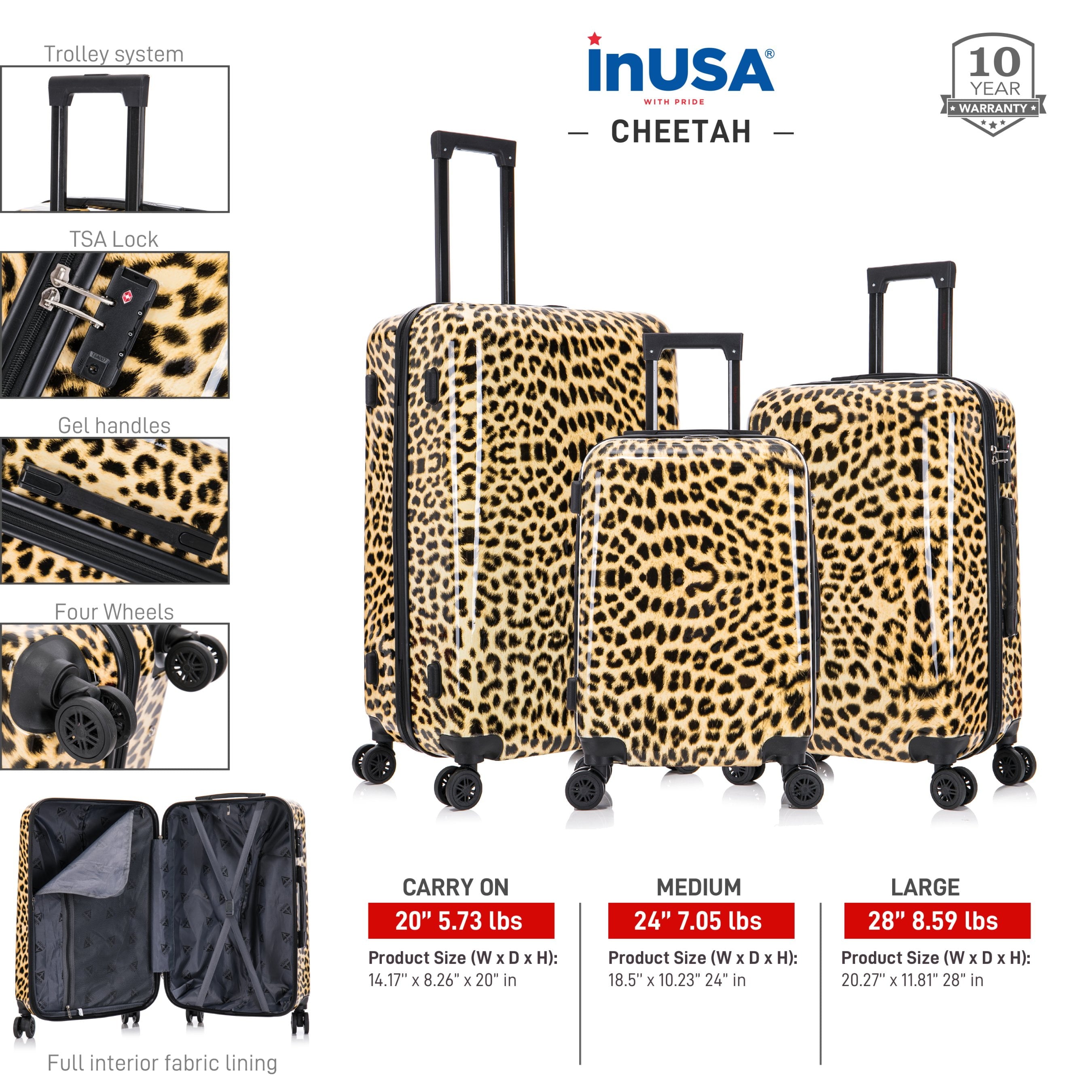 Print 3-Piece Hardside Luggage Sets with Spinner Wheels, Handle, Trolley, (20"/24"/28"), Cheetah