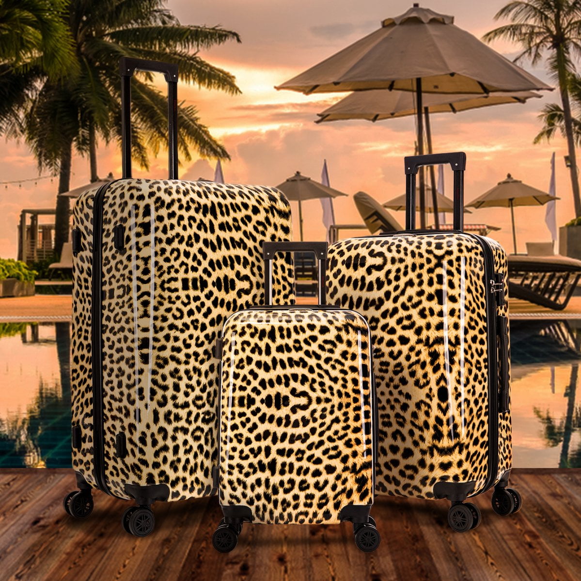 Print 3-Piece Hardside Luggage Sets with Spinner Wheels, Handle, Trolley, (20"/24"/28"), Cheetah