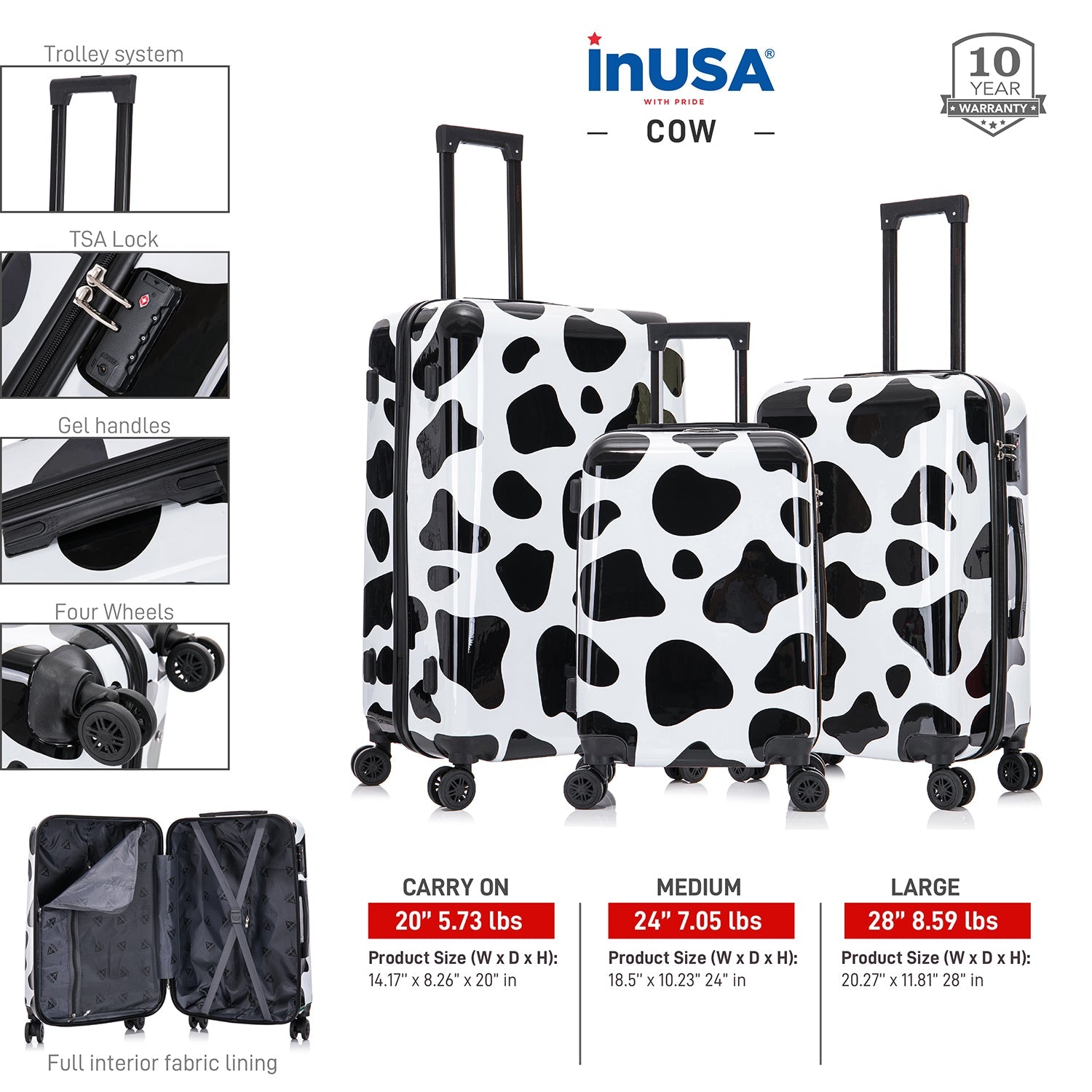 Print 3-Piece Hardside Luggage Sets with Spinner Wheels, Handle, Trolley, (20"/24"/28"), Cheetah