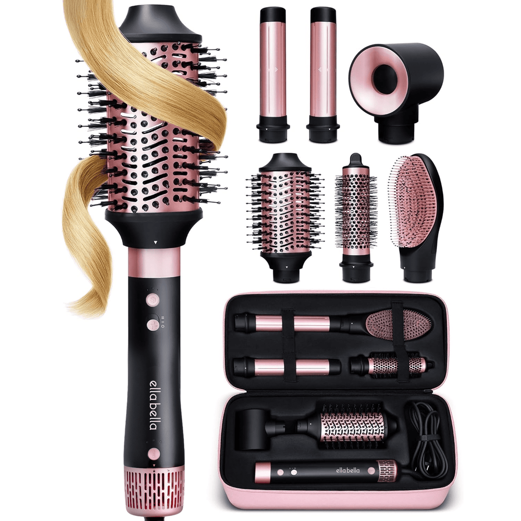 6 in 1 Professional Hot Air Styler • Powerful Hair Dryer &amp; Straightener Set • Fast Drying Curling Volumizing Straightening Styling • Includes Protective Travel Case (Black &amp; Rose Gold)